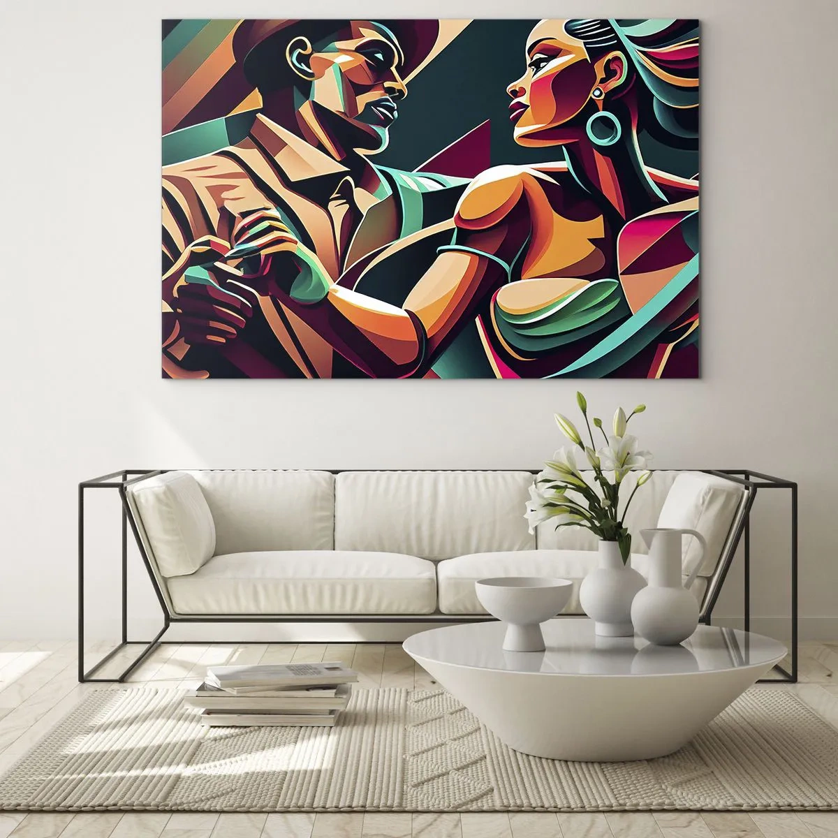 Quadro em vidro - Um casal colorido dançando em estilo art déco com expressão dinâmica. - 70x50cm - No ritmo do coração - Decoração de parede moderna para a sala de estar e quarto ARTTOR