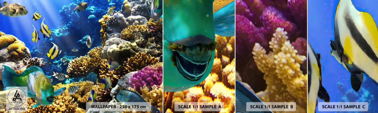 Amostra de papel de parede autocolante Deluxe Sticker - Tráfego intenso no percurso de férias - Recife de corais, oceano, Peixe - 100x30 cm