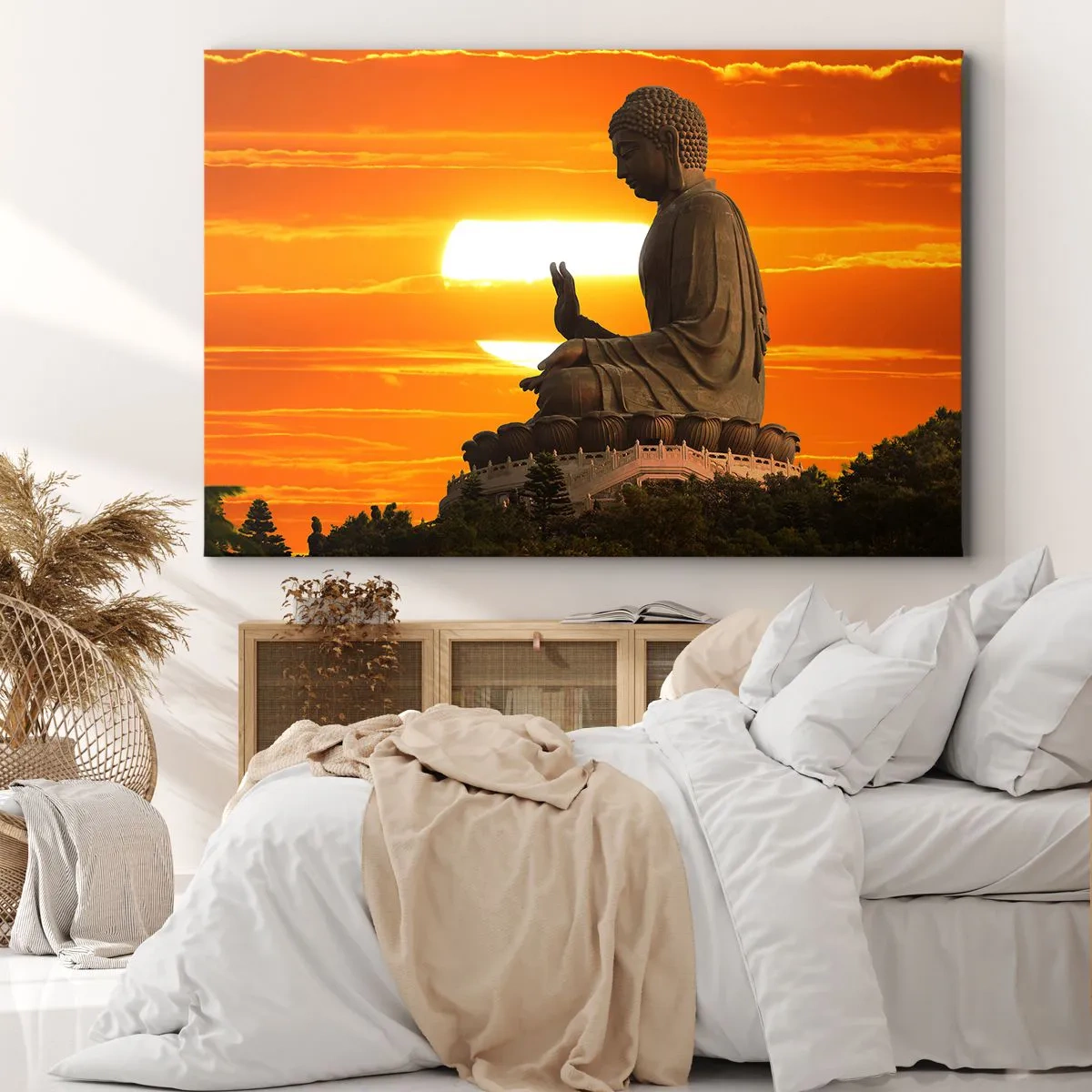 Quadro em tela - Uma estátua budista tendo como pano de fundo um pôr do sol laranja - 70x50cm - Sem medo do mundo - Decoração de parede moderna para a sala de estar e quarto ARTTOR