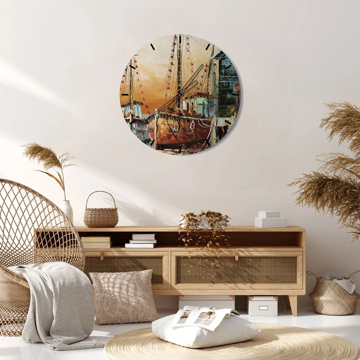 Relógio de parede - Relógio em vidro - Imagem de navios à vela em um porto pitoresco ao pôr do sol - 30x30cm - Um regresso tranquilo - Decoração de parede moderna para a sala de estar, cozinha e quarto ARTTOR
