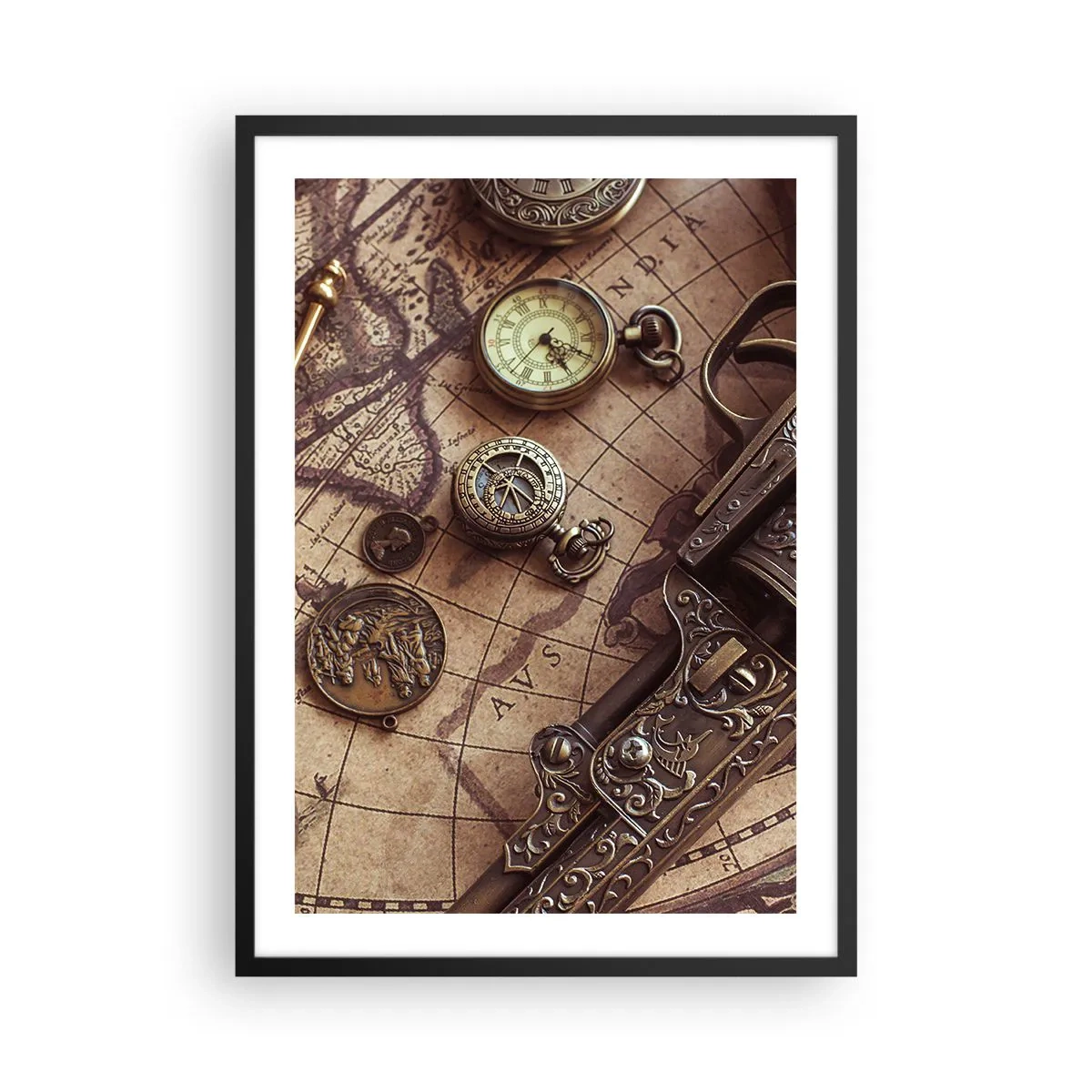 Pôster com moldura preta - Uma bússola, um mapa e itens antigos que simbolizam a aventura - 50x70cm - A aventura nos chama - Decoração de parede moderna para a sala de estar e quarto ARTTOR