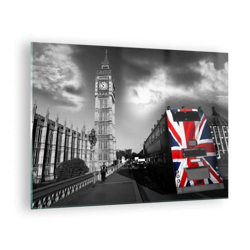 Quadro em vidro - Big Ben e um ônibus com uma bandeira britânica - 70x50cm - Grande e orgulhosa - Decoração de parede moderna para a sala de estar e quarto ARTTOR