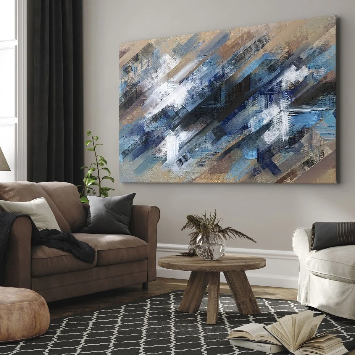 Quadro em tela - Composição abstrata com linhas diagonais azuis - 70x50cm - Numa diagonal azul - Decoração de parede moderna para a sala de estar e quarto ARTTOR