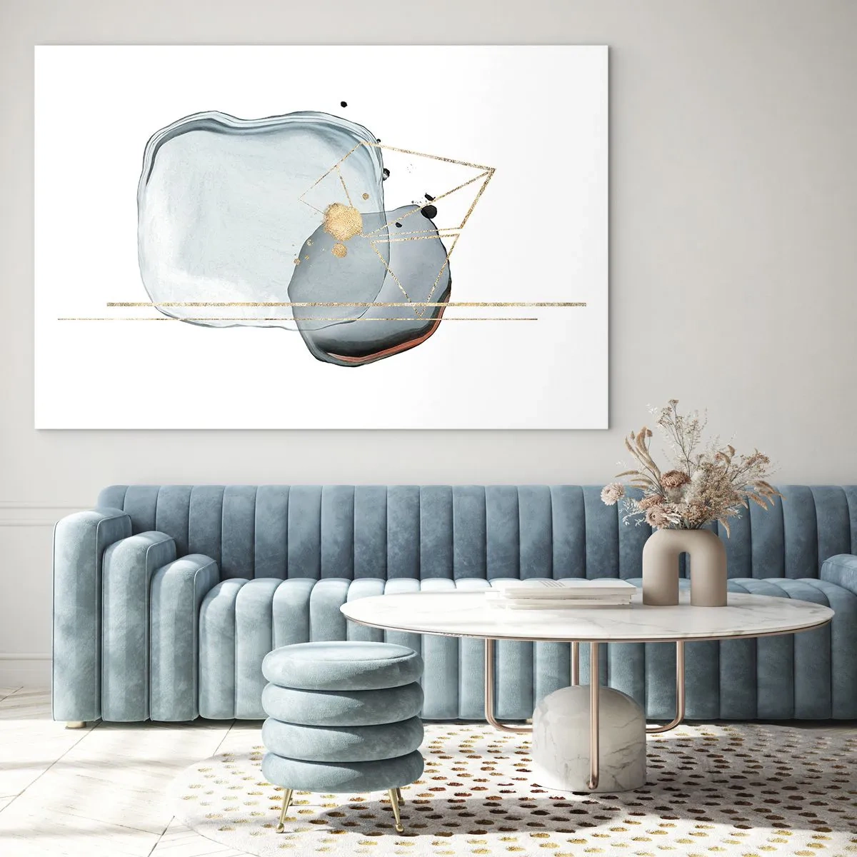 Quadro em vidro - Abstração moderna com gotas e linhas geométricas douradas - 70x50cm - Um estudo sobre gotas - Decoração de parede moderna para a sala de estar e quarto ARTTOR
