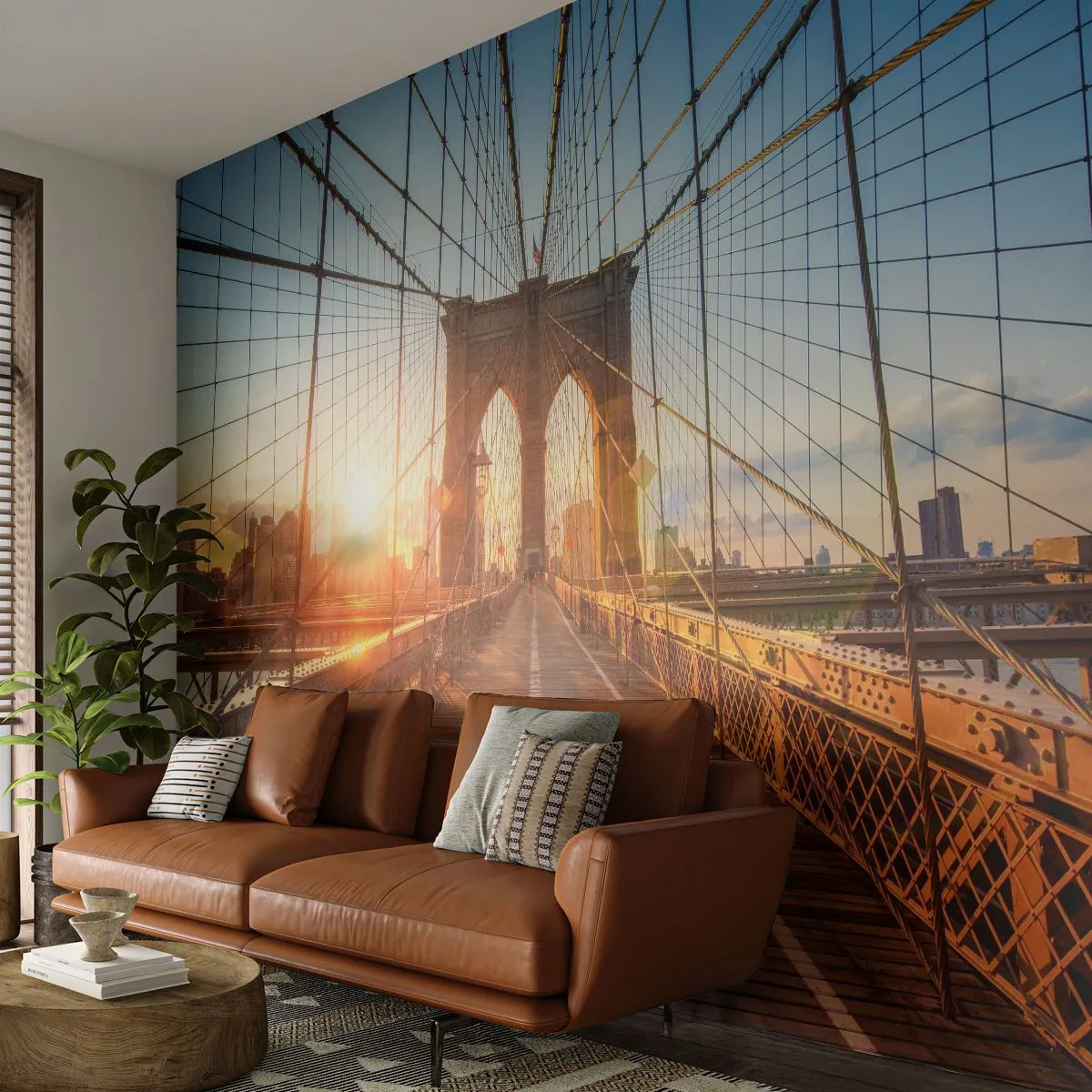 Papel de Parede Premium Canvas - Na Ponte Dourada - Nova Iorque, Ponte do Brooklyn, Arquitetura - 350x256 cm