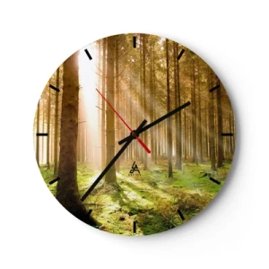 Relógio de parede - Relógio em vidro - Floresta ensolarada com raios de luz - 30x30cm - Os elfos estão prestes a aparecer - Decoração de parede moderna para a sala de estar, cozinha e quarto ARTTOR