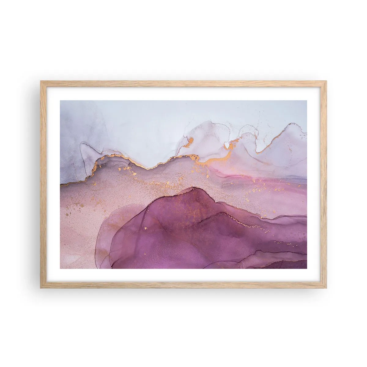 Pôster com moldura de carvalho claro - Ondas de lilás e roxo - 70x50 cm