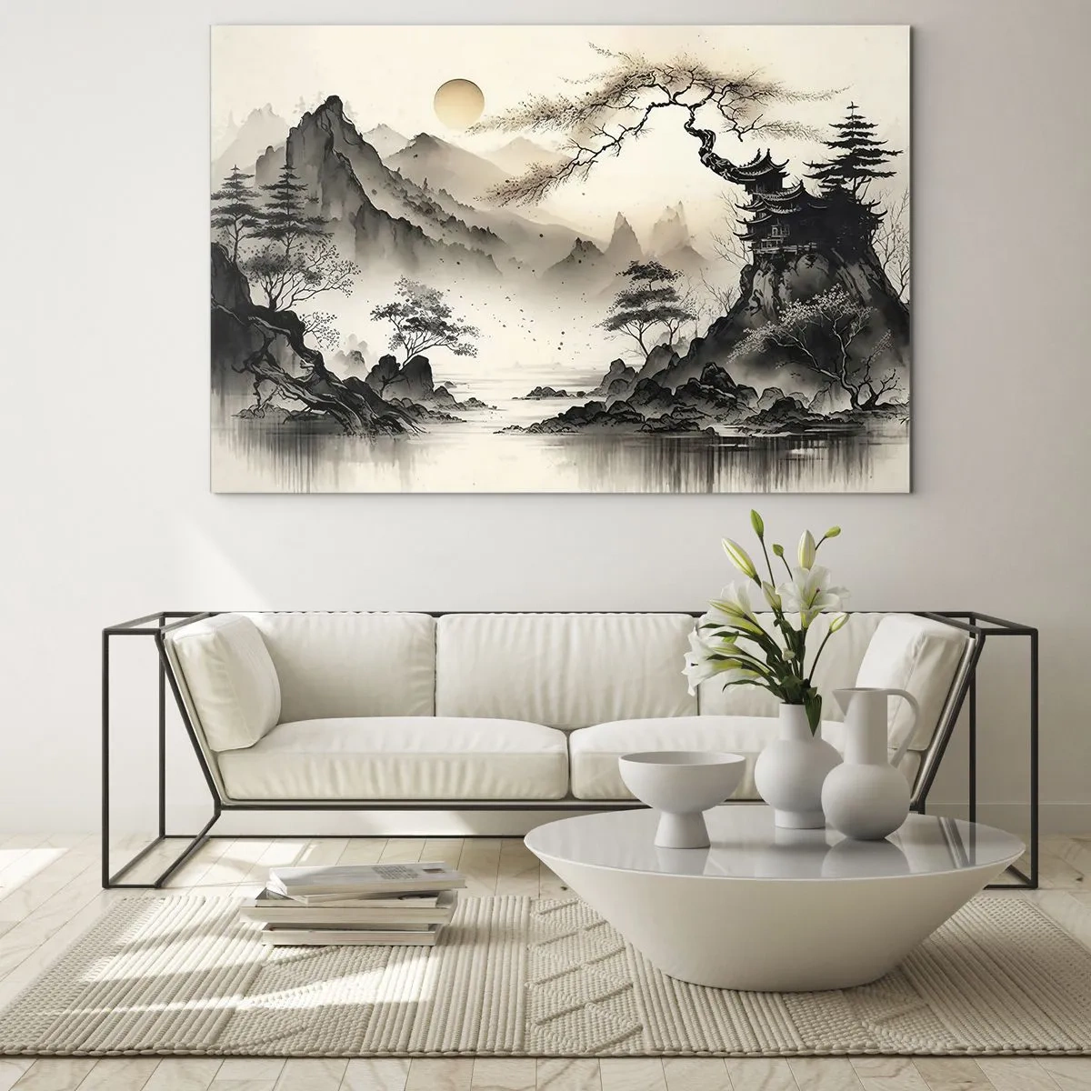Quadro em vidro - Paisagem montanhosa oriental com um pagode e árvores - 70x50cm - O charme único do Oriente - Decoração de parede moderna para a sala de estar e quarto ARTTOR