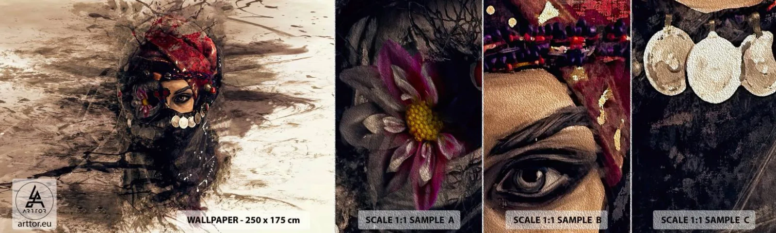 Amostra de papel de parede Premium Sand - Perturbador, para dizer o mínimo - Abstração, Rosto de mulher, Símbolos Orientais - 100x30 cm