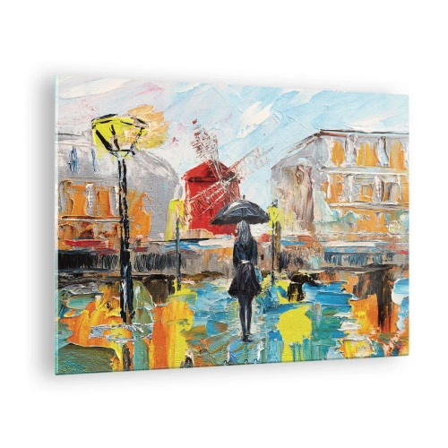 Quadro em vidro - Uma mulher com um guarda-chuva contra um cenário urbano no estilo impressionista - 70x50cm - Lendas parisienses - Decoração de parede moderna para a sala de estar e quarto ARTTOR