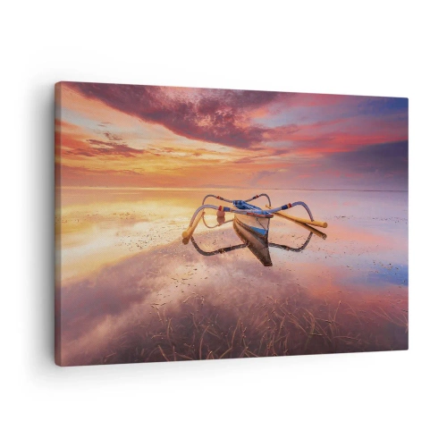 Quadro em tela - Um barco em águas calmas ao pôr do sol - 70x50cm - A calma de uma noite tropical - Decoração de parede moderna para a sala de estar e quarto ARTTOR