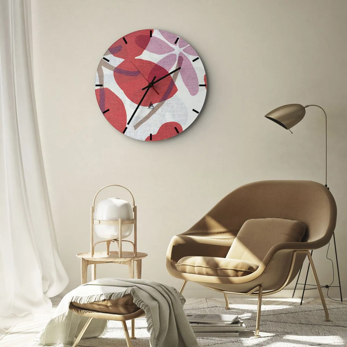 Relógio de parede - Relógio em vidro - Arranjo de flores em rosa - 40x40 cm