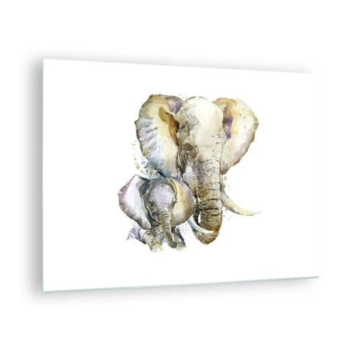 Quadro em vidro - Elefantes artísticos em estilo aquarela sobre fundo branco - 70x50cm - Nada melhor do que amor de mãe - Decoração de parede moderna para a sala de estar e quarto ARTTOR