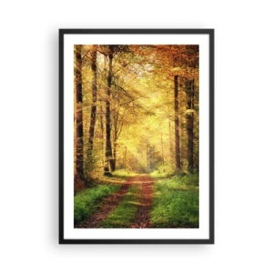 Pôster com moldura preta - Um caminho na floresta à luz do sol dourado do outono - 50x70cm - Silêncio dourado da floresta - Decoração de parede moderna para a sala de estar e quarto ARTTOR