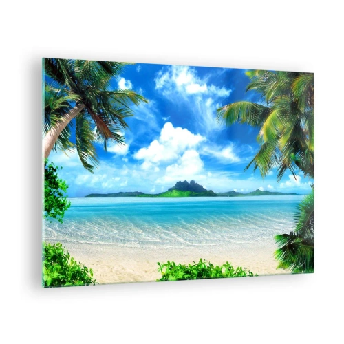 Quadro em vidro - Uma praia tropical com palmeiras e vista para uma ilha montanhosa - 70x50cm - O azul dos trópicos - Decoração de parede moderna para a sala de estar e quarto ARTTOR
