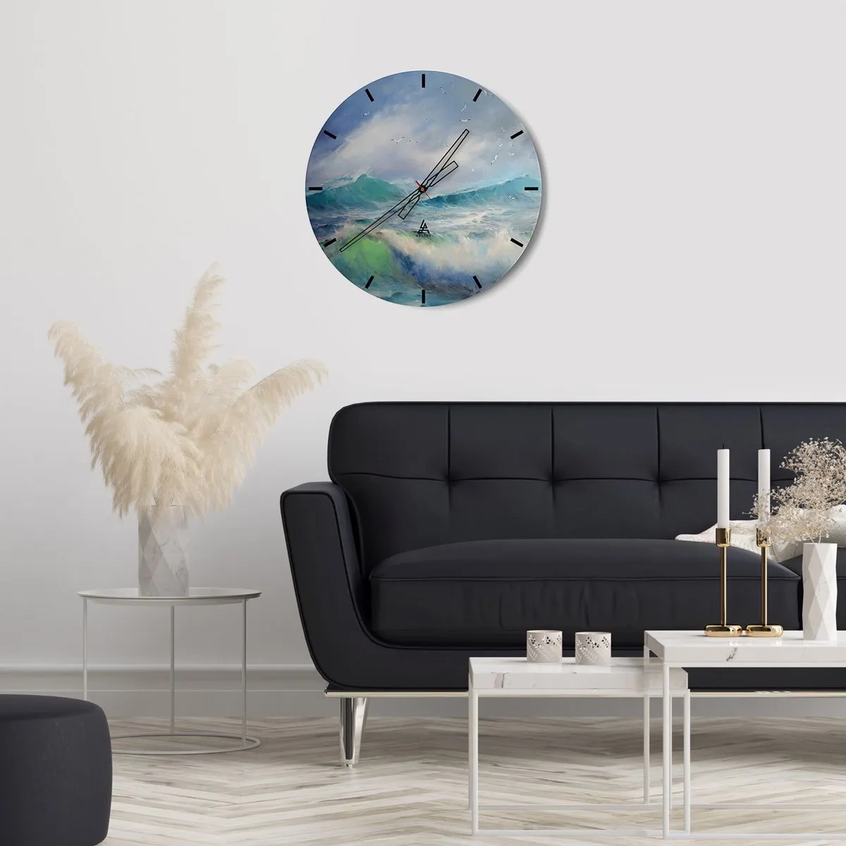 Relógio de parede - Relógio em vidro - Uma imagem de ondas do mar com gaivotas em um céu azul - 30x30cm - O vento uivava triunfalmente… - Decoração de parede moderna para a sala de estar, cozinha e quarto ARTTOR