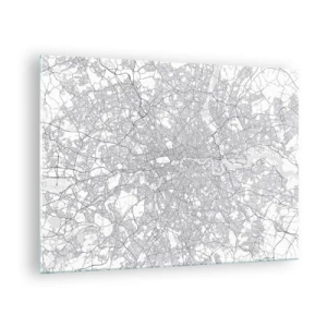 Quadro em vidro - Um mapa em preto e branco com uma grade de ruas densa em estilo minimalista. - 70x50cm - Mapa do labirinto de Londres - Decoração de parede moderna para a sala de estar e quarto ARTTOR