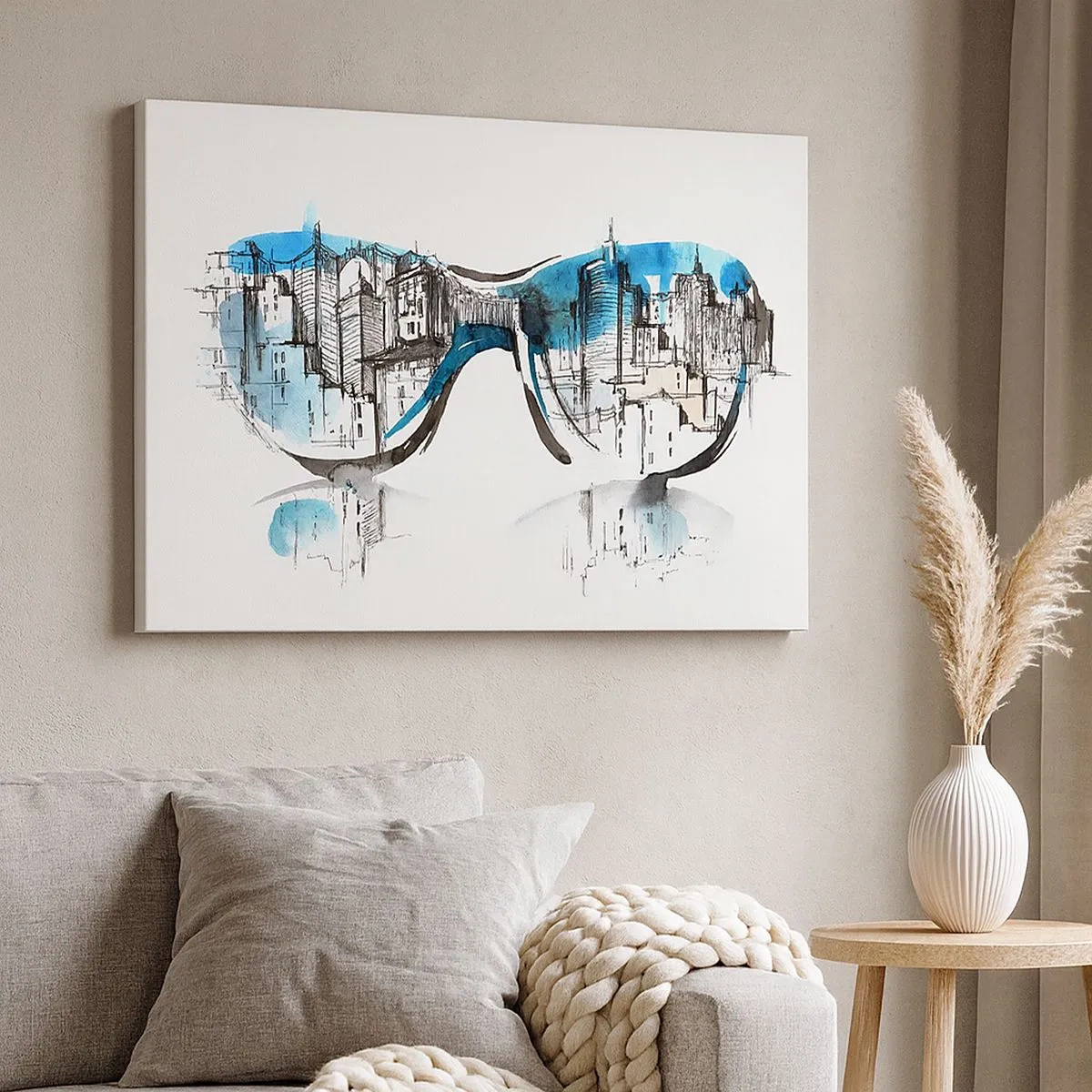 Quadro em tela - Aquarela do panorama da cidade refletido nos vidros - 70x50cm - Elegância Metropolitana - Decoração de parede moderna para a sala de estar e quarto ARTTOR