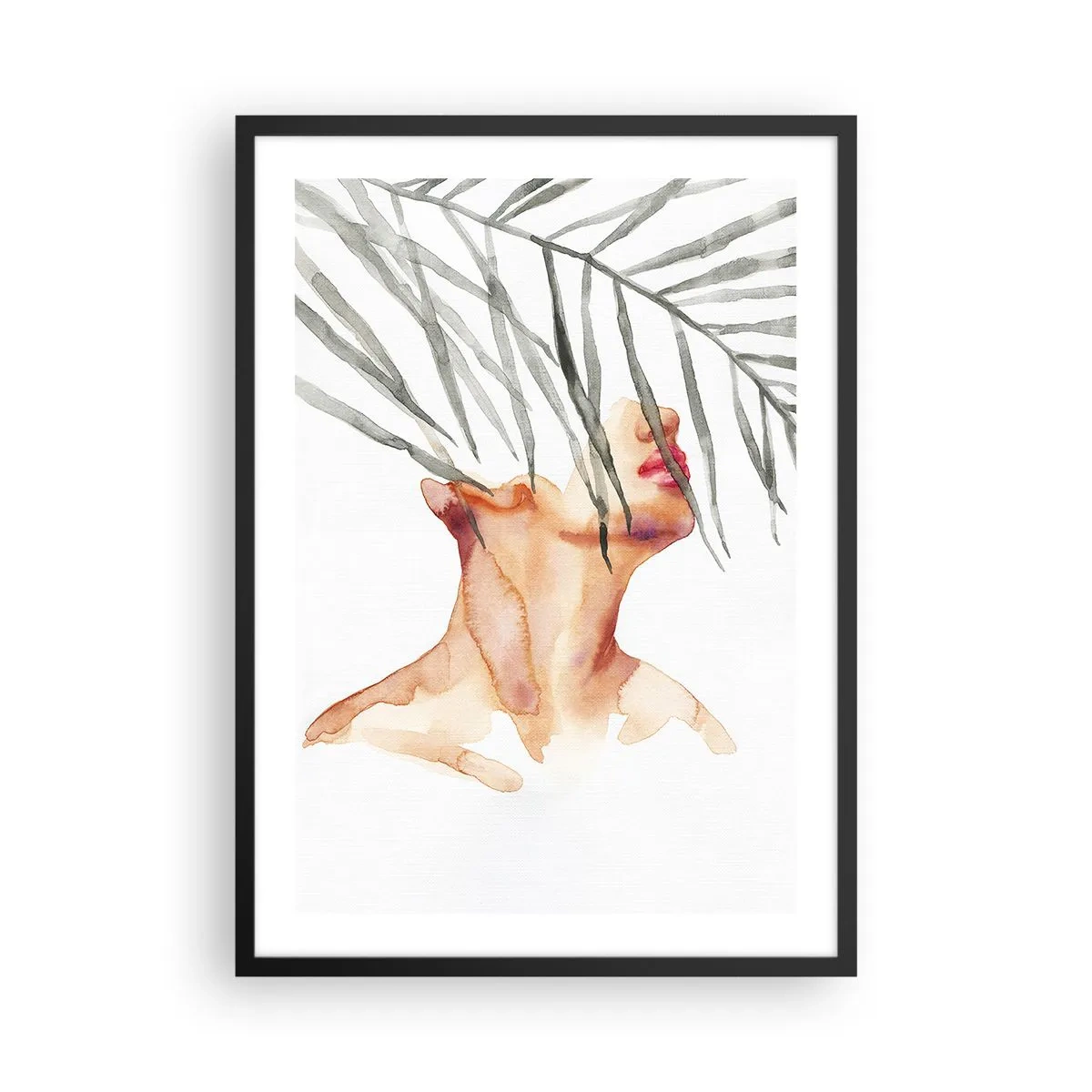 Pôster com moldura preta - Mulher em aquarela com folhas de palmeira cobrindo o rosto - 50x70cm - Sentir o pulso dos trópicos - Decoração de parede moderna para a sala de estar e quarto ARTTOR
