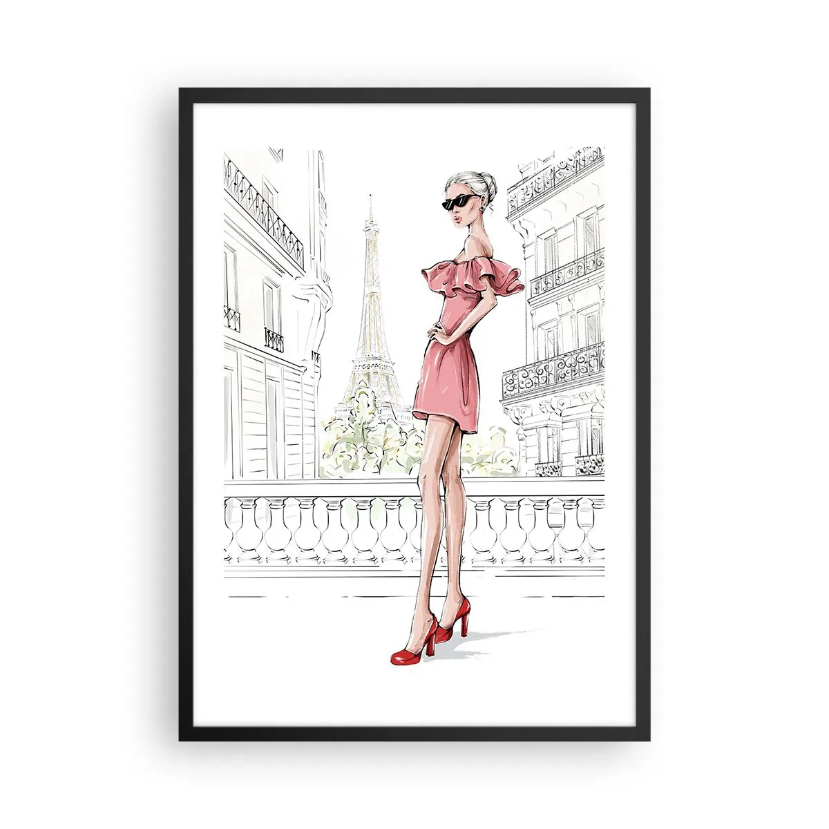 Pôster com moldura preta - Uma mulher elegante em um vestido rosa com a Torre Eiffel ao fundo - 50x70cm - A arte da moda - Decoração de parede moderna para a sala de estar e quarto ARTTOR