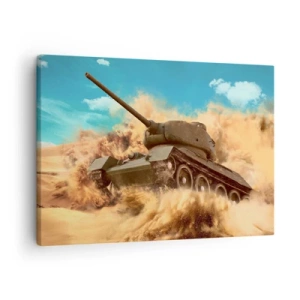 Quadro em tela - Um tanque em ação no deserto, cercado por poeira de areia. - 70x50cm - Imbatível - Decoração de parede moderna para a sala de estar e quarto ARTTOR