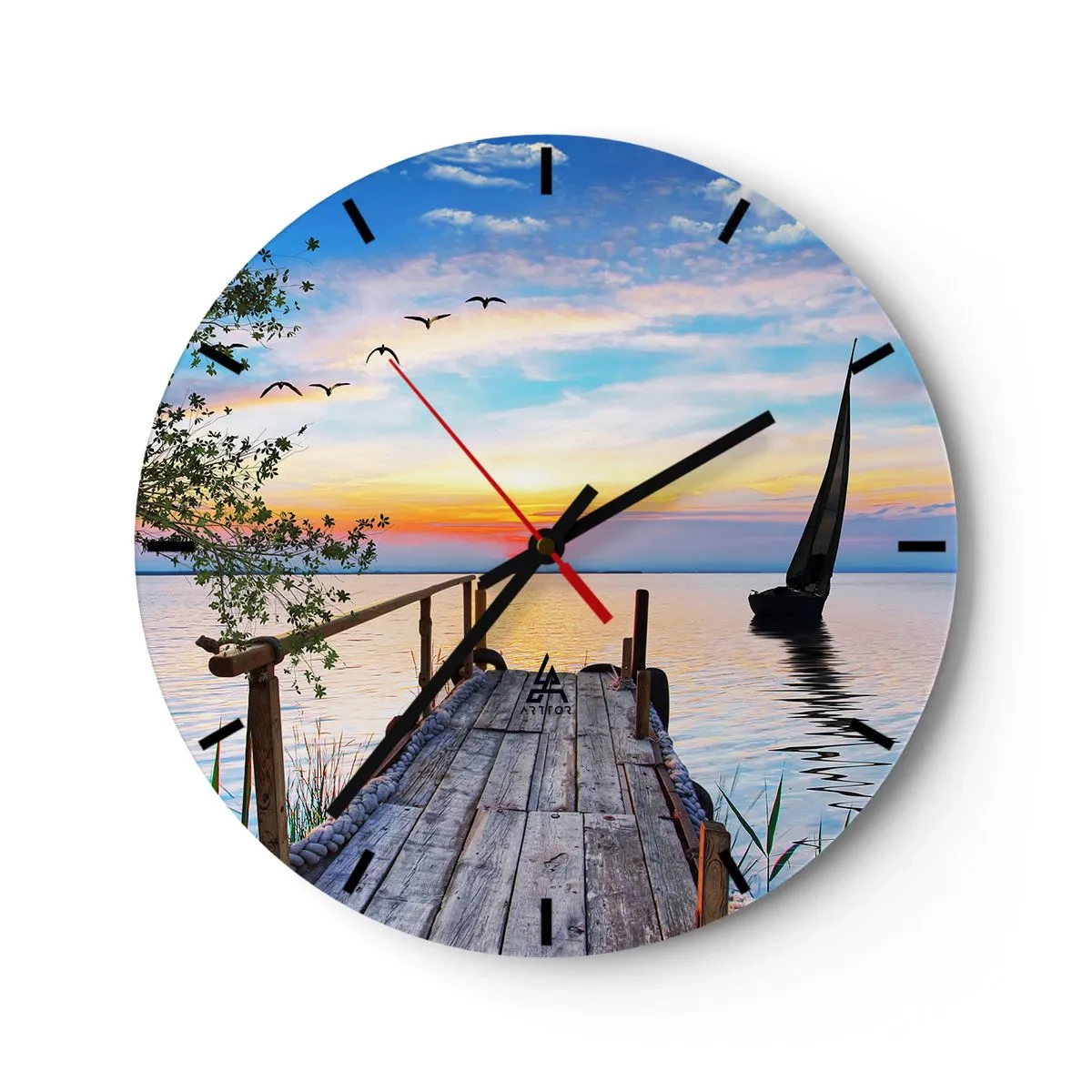 Relógio de parede - Relógio em vidro - Um píer sobre o lago à luz do pôr do sol - 30x30cm - Boa noite - Decoração de parede moderna para a sala de estar, cozinha e quarto ARTTOR