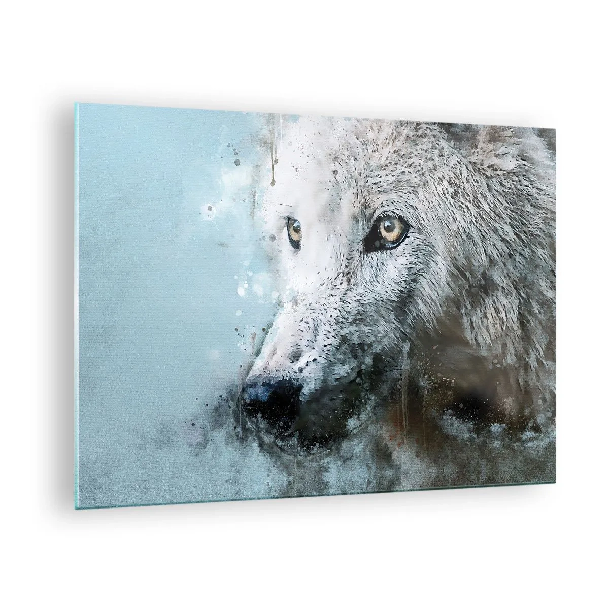 Quadro em vidro - Retrato de lobo com detalhes artísticos e desfocados em tons de azul - 70x50cm - Conheça a alma do lobo - Decoração de parede moderna para a sala de estar e quarto ARTTOR
