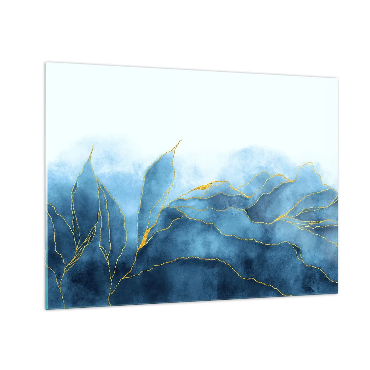 Quadro em vidro - Formas azuis abstratas com delicadas linhas douradas. - 70x50cm - Azul dourado - Decoração de parede moderna para a sala de estar e quarto ARTTOR