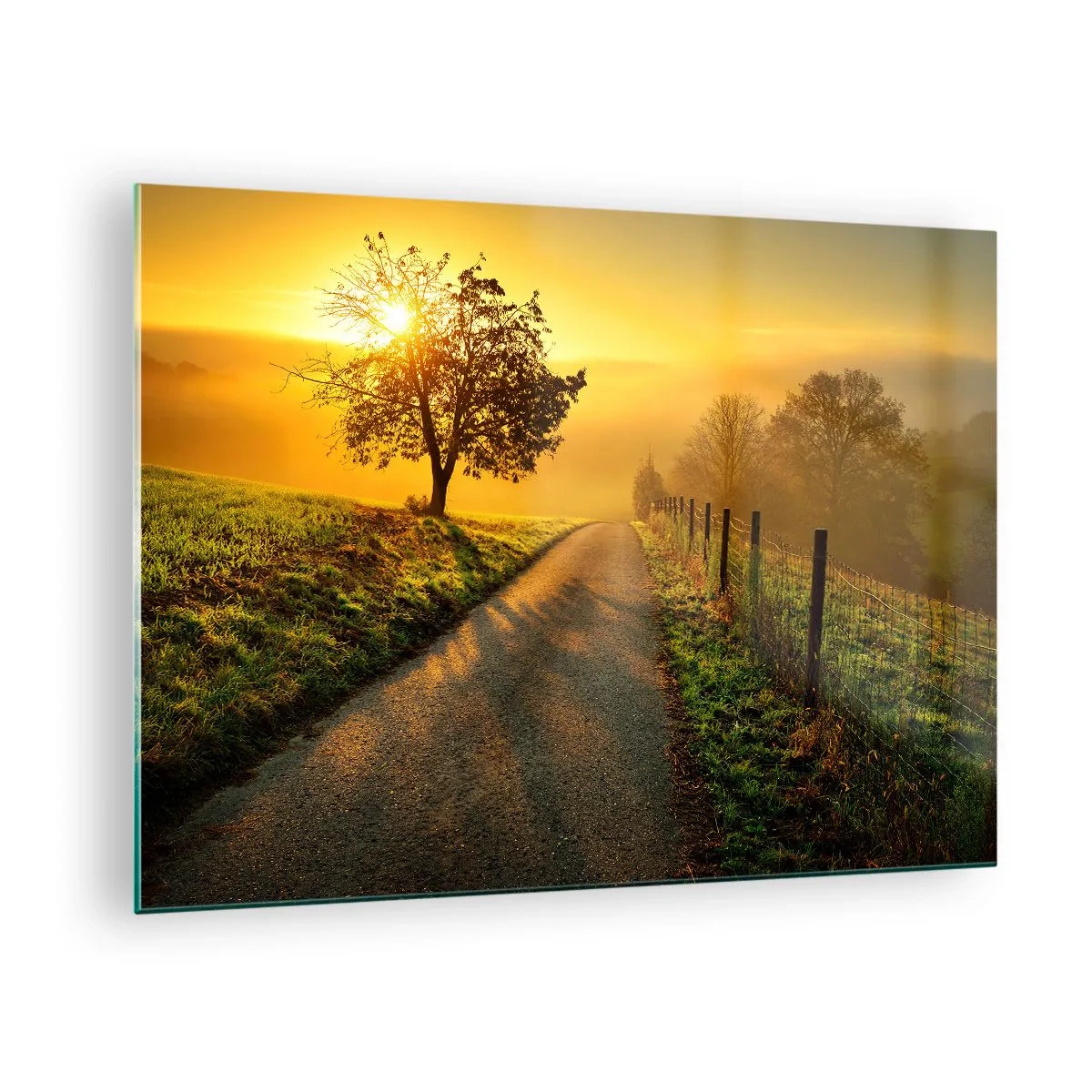 Quadro em vidro - Uma estrada através de uma paisagem rural ao pôr do sol - 70x50cm - Uma tarde agradável - Decoração de parede moderna para a sala de estar e quarto ARTTOR