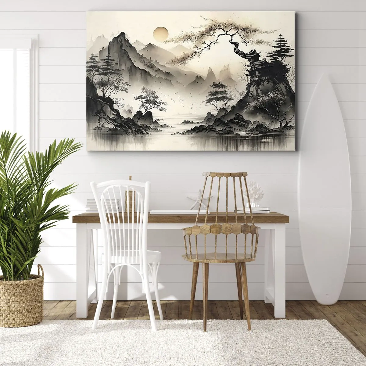 Quadro em tela - Uma paisagem oriental com montanhas e um pagode em tons delicados. - 70x50cm - O charme único do Oriente - Decoração de parede moderna para a sala de estar e quarto ARTTOR