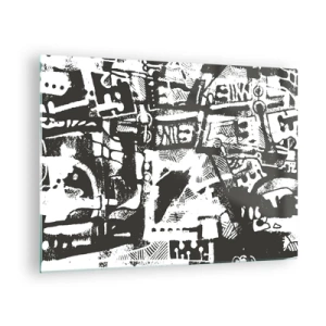 Quadro em vidro - Abstração em preto e branco com motivos geométricos e técnicos - 70x50cm - Ordem ou caos? - Decoração de parede moderna para a sala de estar e quarto ARTTOR