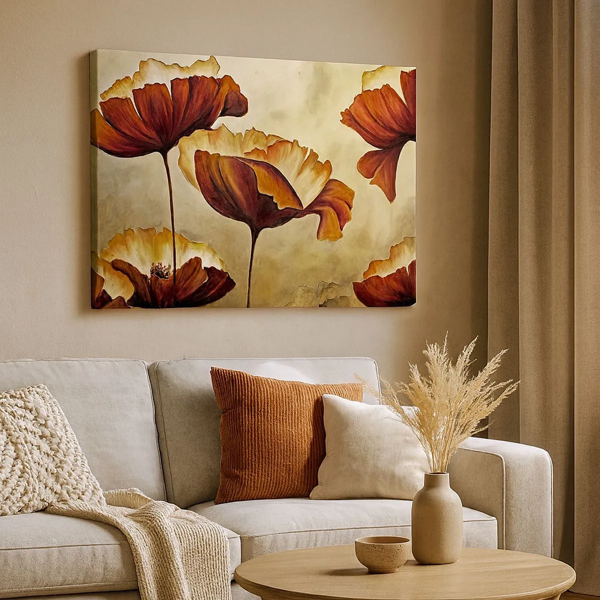 Quadro em tela - Flores sutis em tons de vermelho e dourado sobre fundo claro - 70x50cm - Prados e pradarias - Decoração de parede moderna para a sala de estar e quarto ARTTOR