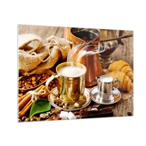 Quadro em vidro - Uma caneca dourada de café com leite cercada por grãos e croissants - 70x50cm - Bons dias! - Decoração de parede moderna para a sala de estar e quarto ARTTOR