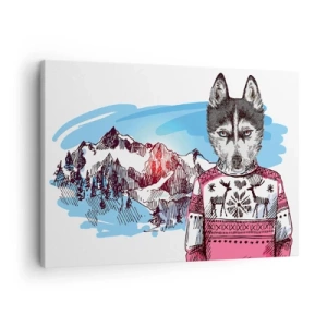Quadro em tela - Um lobo com um suéter de inverno contra uma paisagem montanhosa - 70x50cm - Lobo em lã de ovelha - Decoração de parede moderna para a sala de estar e quarto ARTTOR