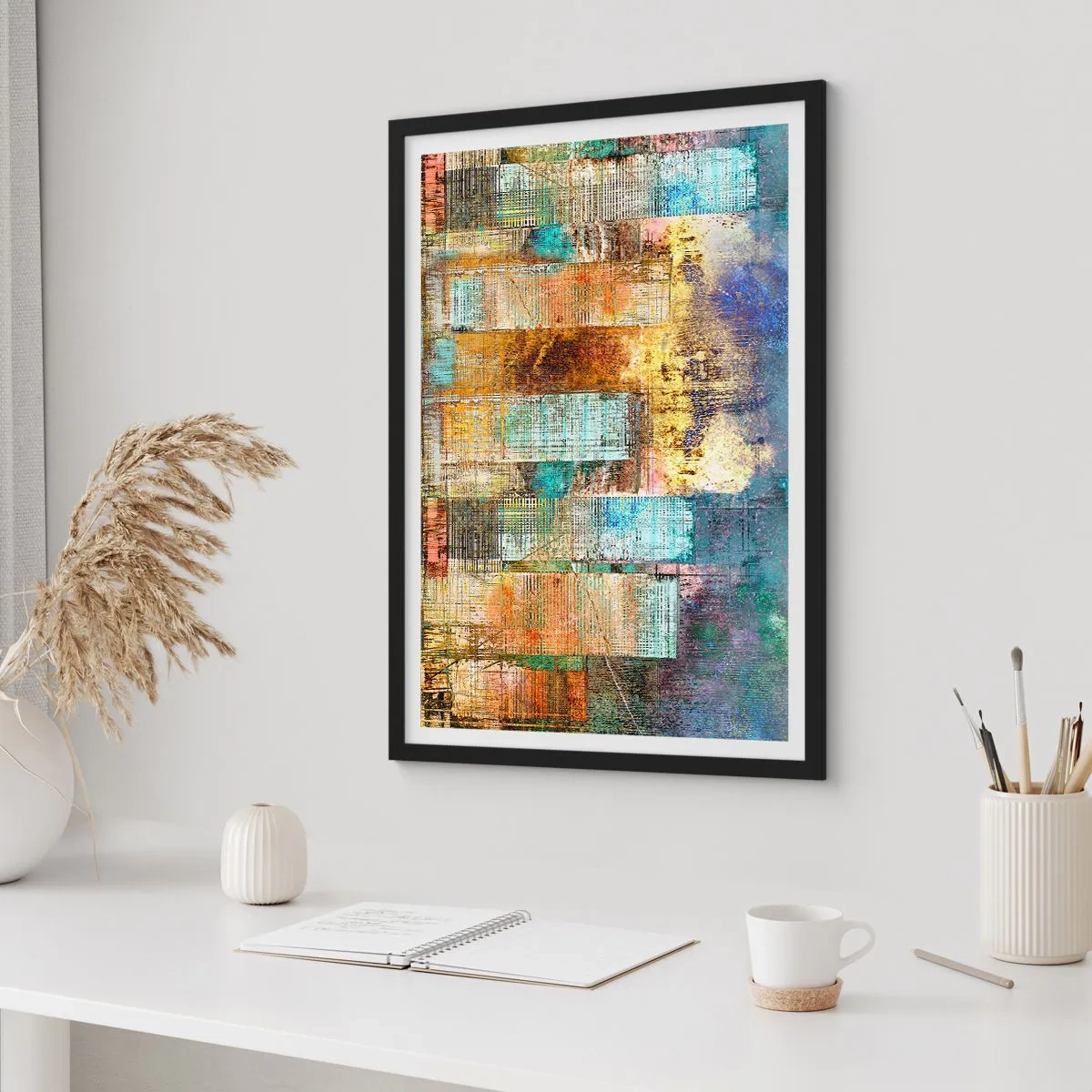 Pôster com moldura preta - Arraia aquarela em tons de azul sobre fundo claro - 50x70cm - Uma metrópole ensolarada - Decoração de parede moderna para a sala de estar e quarto ARTTOR