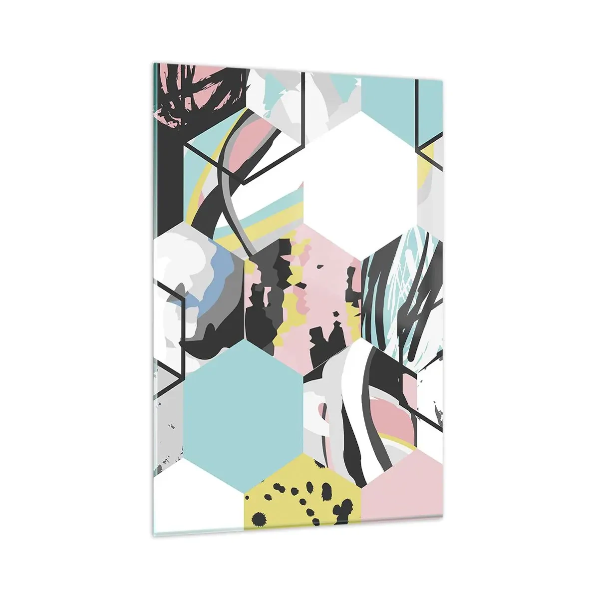 Quadro em vidro - Hexágonos e cubos em seis cores - 80x120 cm