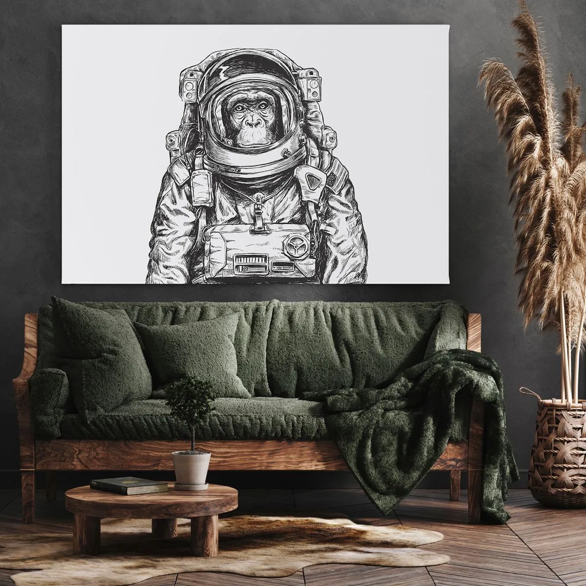 Quadro em tela - Gráfico de um astronauta em um traje espacial com uma cabeça de macaco - 70x50cm - Evolução alternativa - Decoração de parede moderna para a sala de estar e quarto ARTTOR