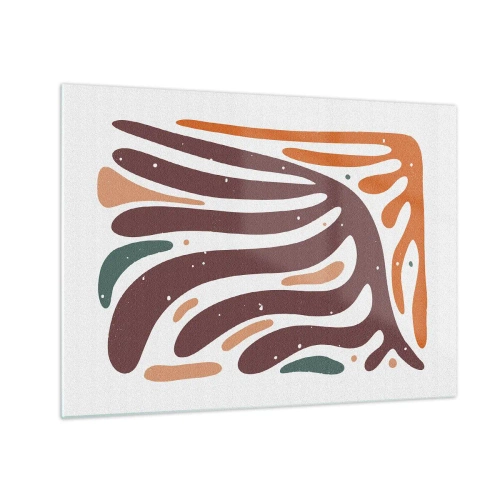 Quadro em vidro - Formas abstratas em tons de marrom e laranja irradiando sobre um fundo branco - 70x50cm - Composição orgánica radiante - Decoração de parede moderna para a sala de estar e quarto ARTTOR