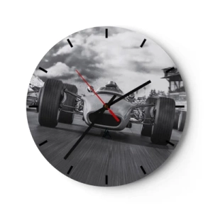 Relógio de parede - Relógio em vidro - Um carro de corrida em movimento em uma pista de corrida - 30x30cm - O ronco do motor - Decoração de parede moderna para a sala de estar, cozinha e quarto ARTTOR