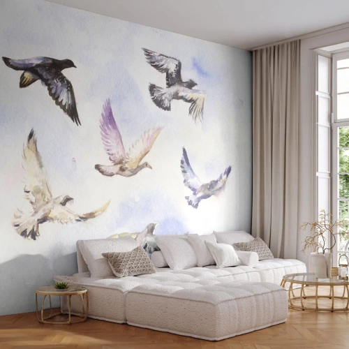 Papel de Parede Standard Eco - Pássaros em aquarela voando livremente no céu - 100x70cm - Liberdade em cinza e azul - Decoração de parede moderna para a sala de estar e quarto ARTTOR