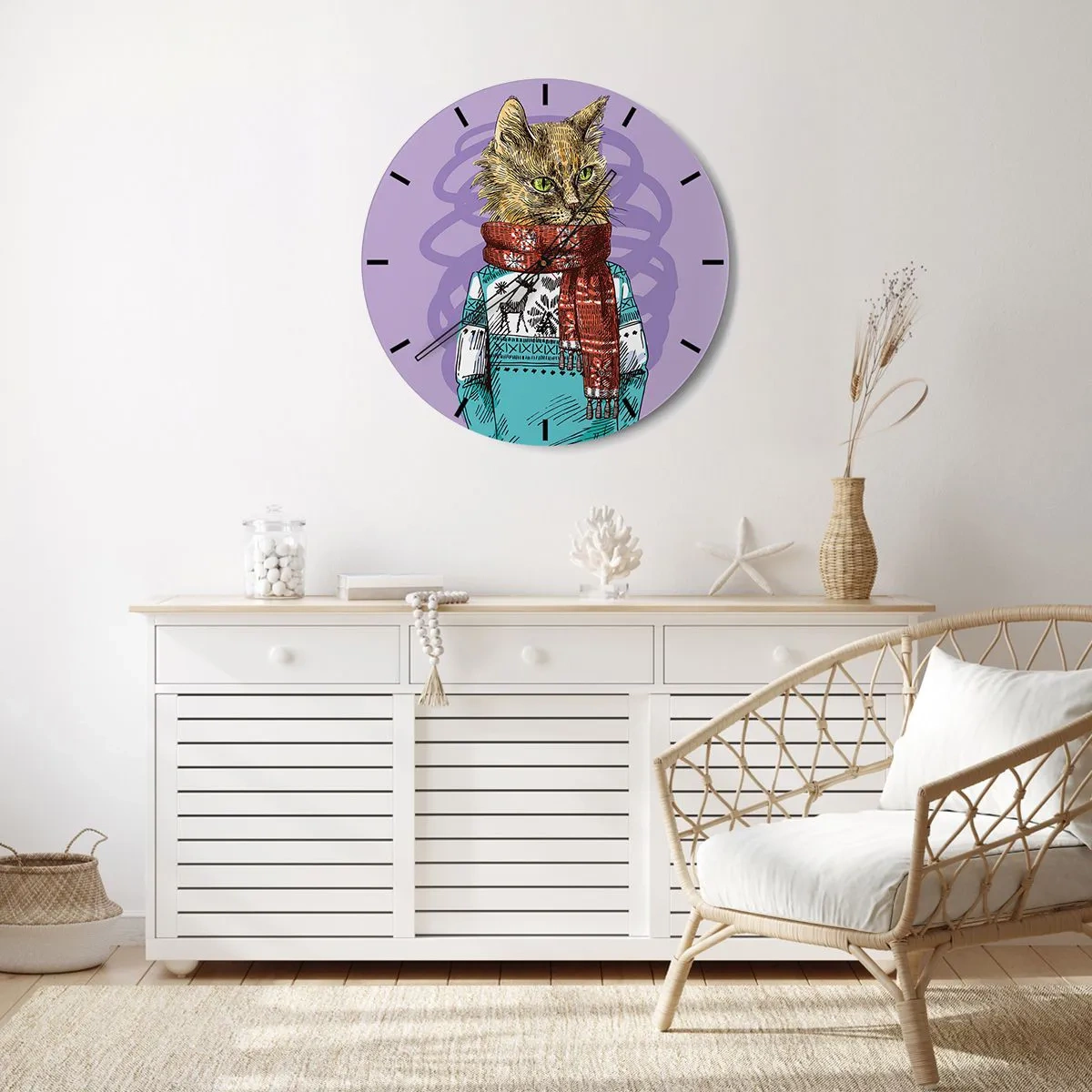 Relógio de parede - Relógio em vidro - Um gato com roupa de inverno e um cachecol em um fundo roxo - 30x30cm - Gato não só de botas - Decoração de parede moderna para a sala de estar, cozinha e quarto ARTTOR