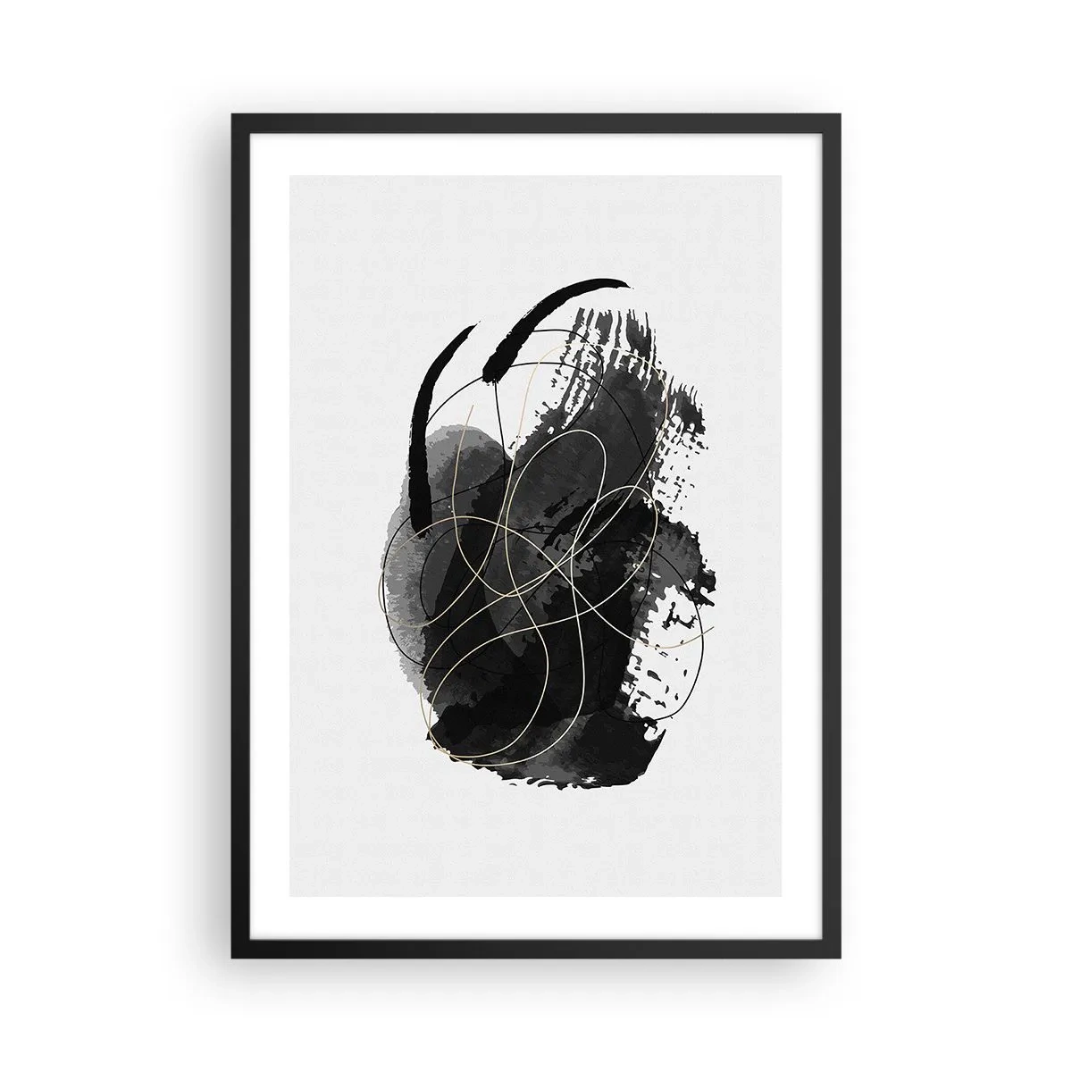 Pôster com moldura preta - Uma composição abstrata em preto com delicadas linhas douradas. - 50x70cm - Emergido do preto - Decoração de parede moderna para a sala de estar e quarto ARTTOR