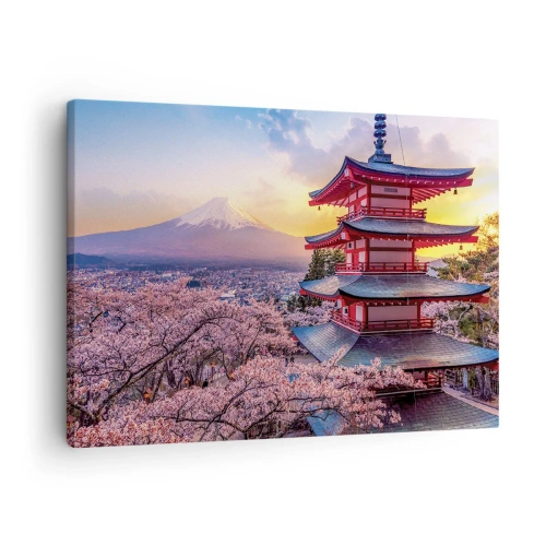 Quadro em tela - Um pagode no Japão com flores de cerejeira e o Monte Fuji - 70x50cm - A essência do espírito japonês - Decoração de parede moderna para a sala de estar e quarto ARTTOR
