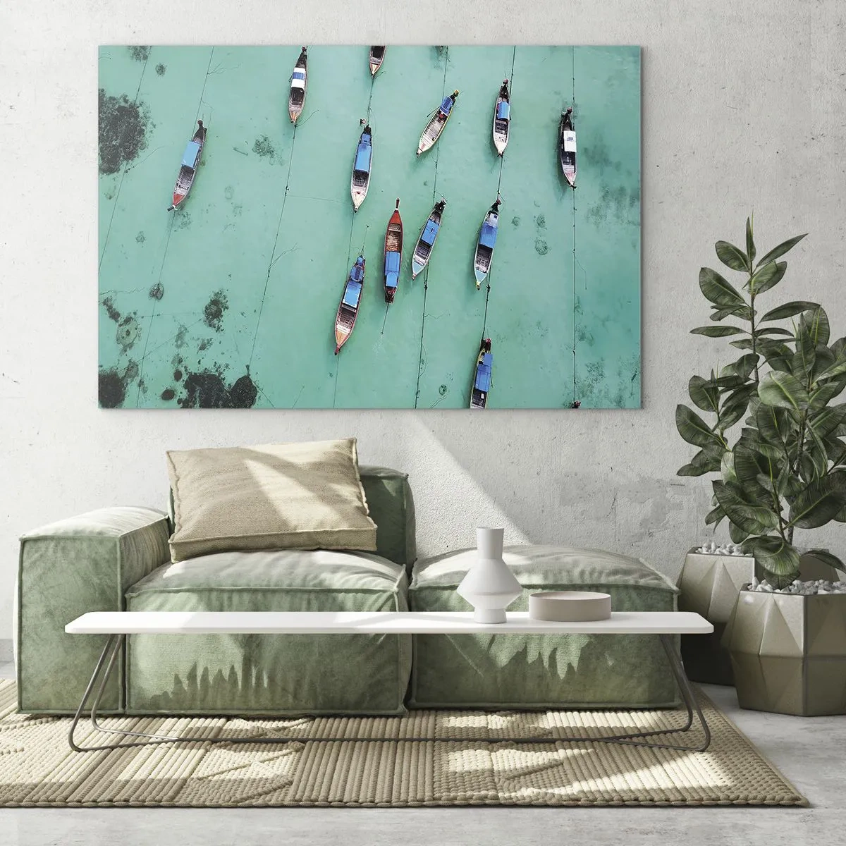 Quadro em vidro - Barcos em águas turquesas vistos de cima - 70x50cm - Na alegre expectativa - Decoração de parede moderna para a sala de estar e quarto ARTTOR