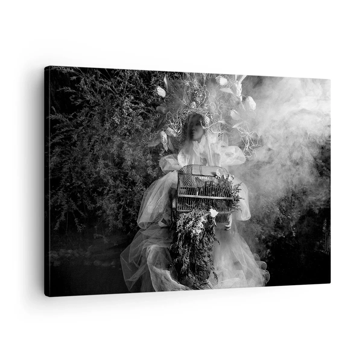Quadro em tela - Uma composição em preto e branco com uma figura de vestido e uma gaiola na neblina. - 70x50cm - A própria mãe – natureza - Decoração de parede moderna para a sala de estar e quarto ARTTOR