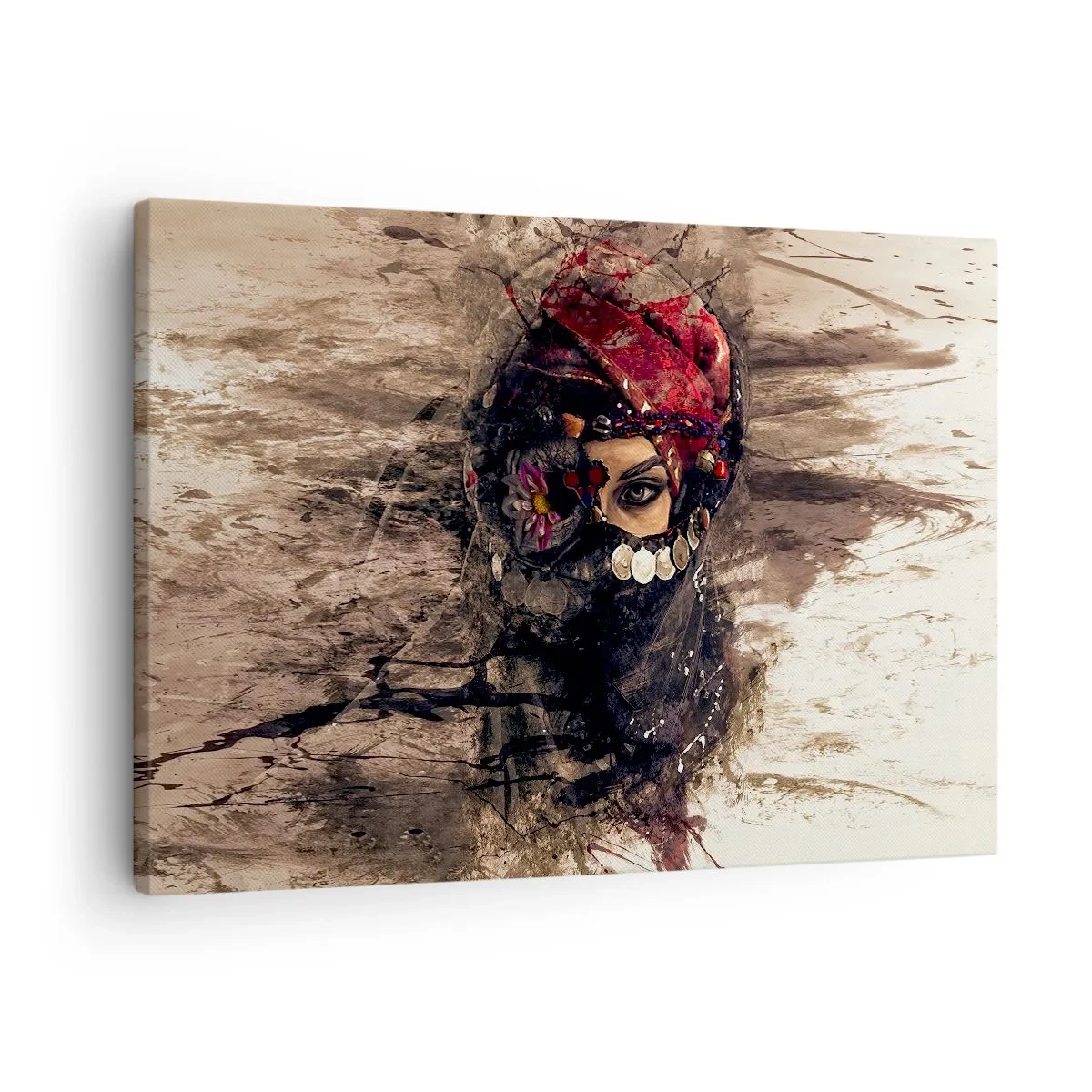 Quadro em tela - Retrato artístico de uma mulher em traje oriental sobre um fundo abstrato. - 70x50cm - Perturbador, para dizer o mínimo - Decoração de parede moderna para a sala de estar e quarto ARTTOR
