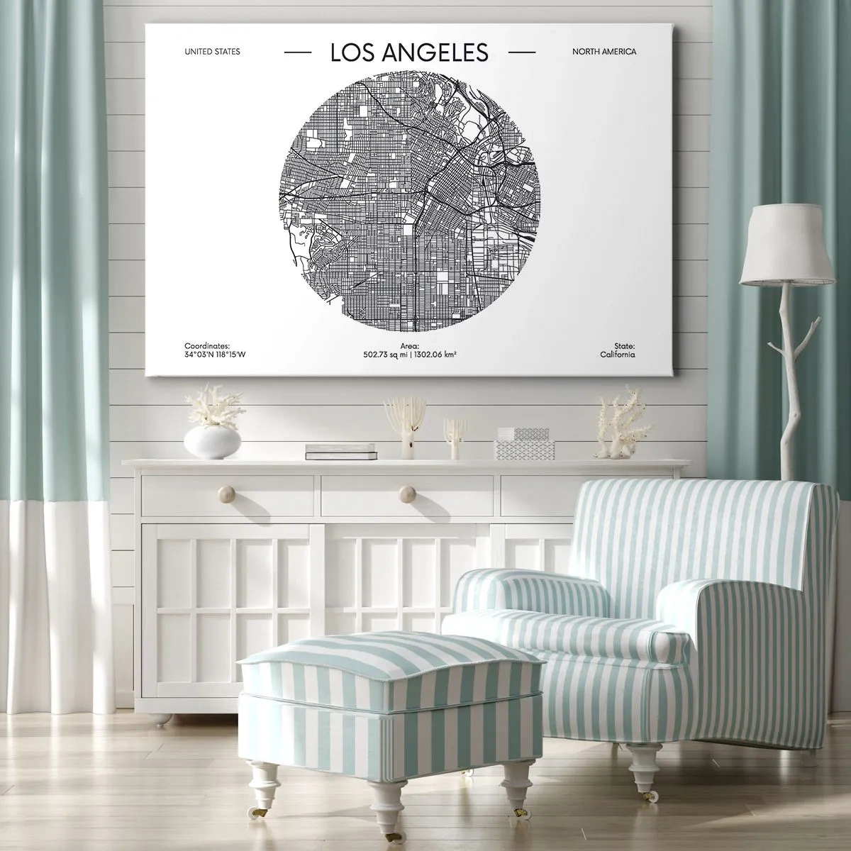 Quadro em tela - Um mapa de Los Angeles em um estilo minimalista em preto e branco - 70x50cm - Anatomia de Los Angeles - Decoração de parede moderna para a sala de estar e quarto ARTTOR