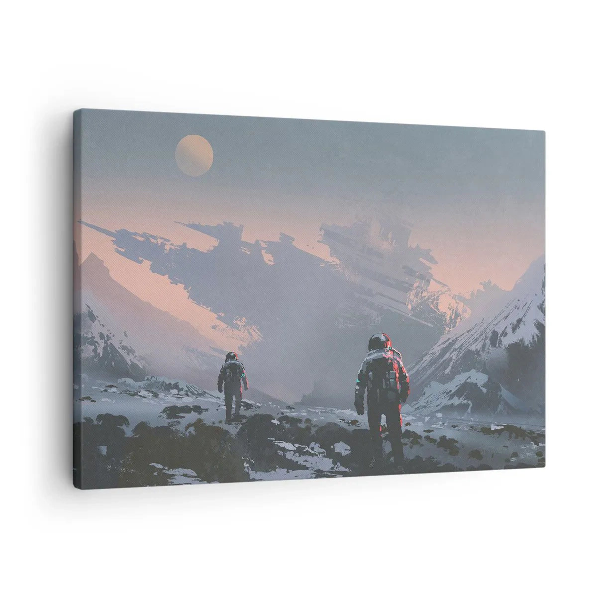 Quadro em tela - Astronautas em um planeta alienígena com uma nave espacial destruída - 70x50cm - Sob uma estrela desconhecida - Decoração de parede moderna para a sala de estar e quarto ARTTOR