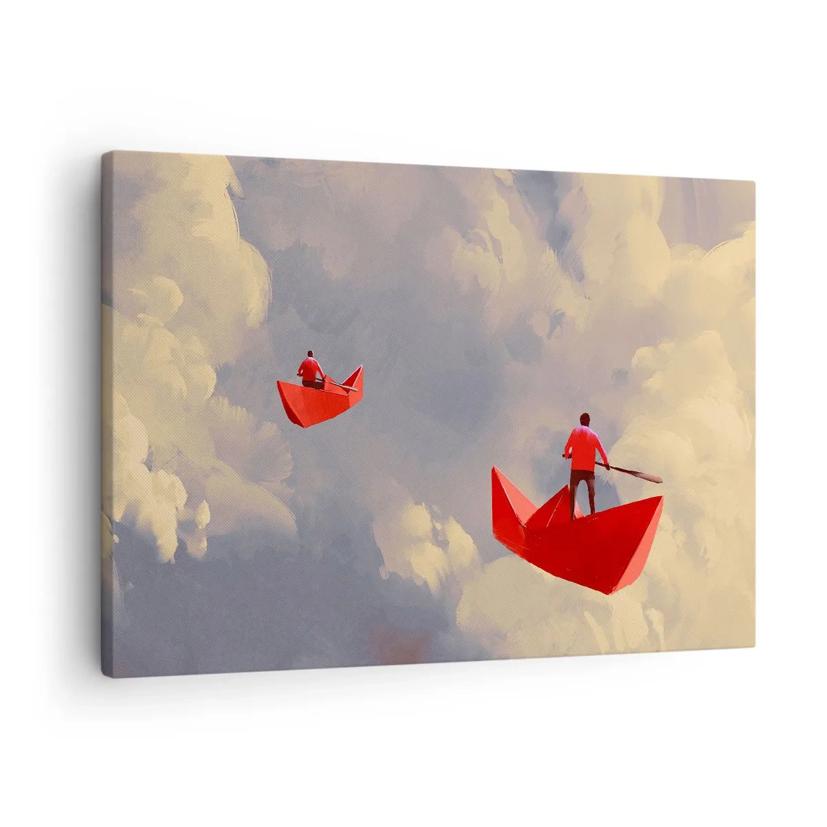 Quadro em tela - Barquinhos de papel vermelho flutuando nas nuvens - 70x50cm - Expedição dos sonhadores - Decoração de parede moderna para a sala de estar e quarto ARTTOR