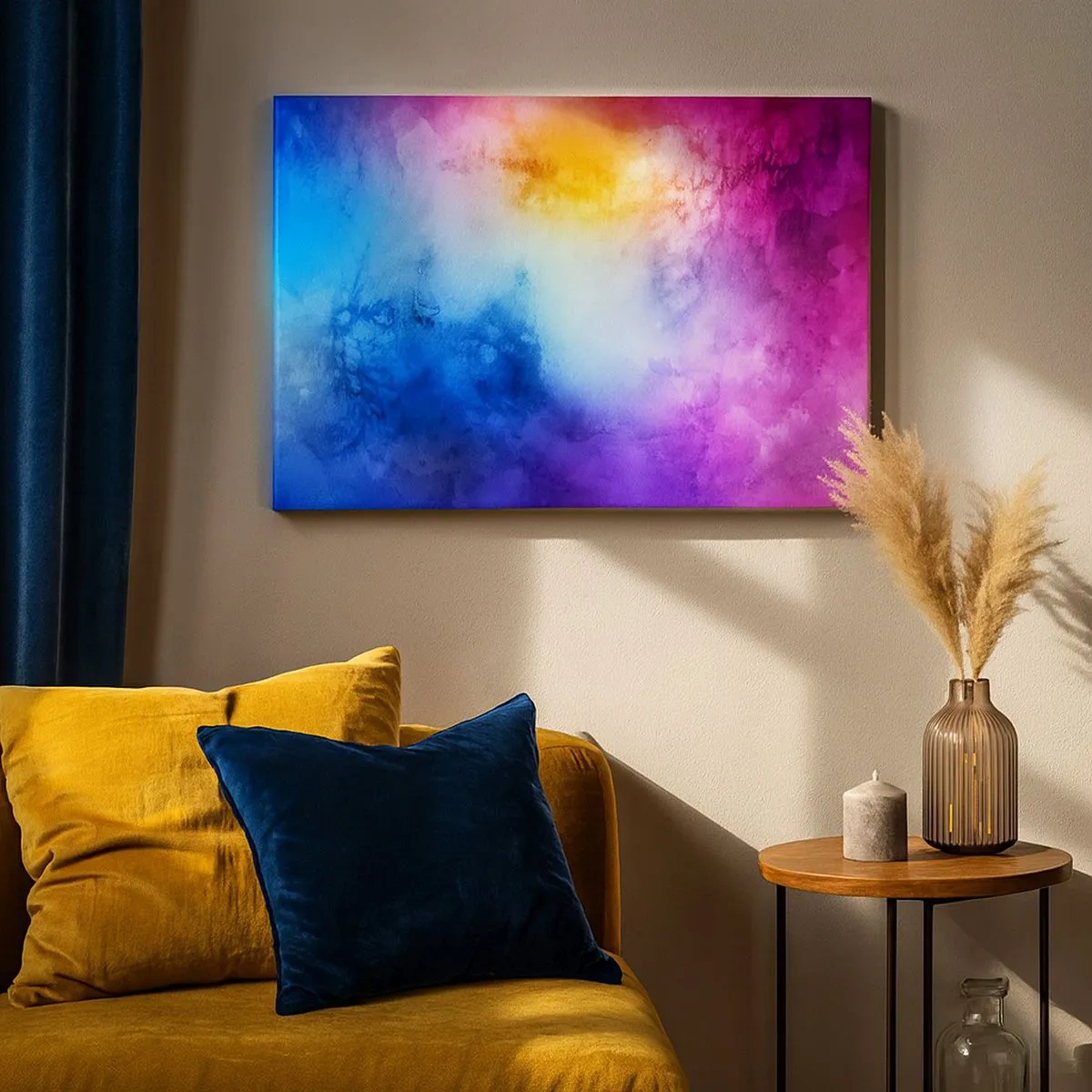 Quadro em tela - Uma composição abstrata em tons pastéis de rosa e azul. - 70x50cm - Quase no sétimo céu - Decoração de parede moderna para a sala de estar e quarto ARTTOR
